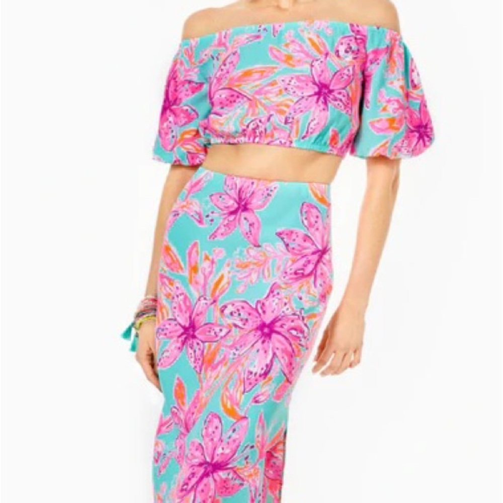 Lilly Pulitzer Pink & Blue Print Esmeray Tropical Crop Top Skirt Set NWT